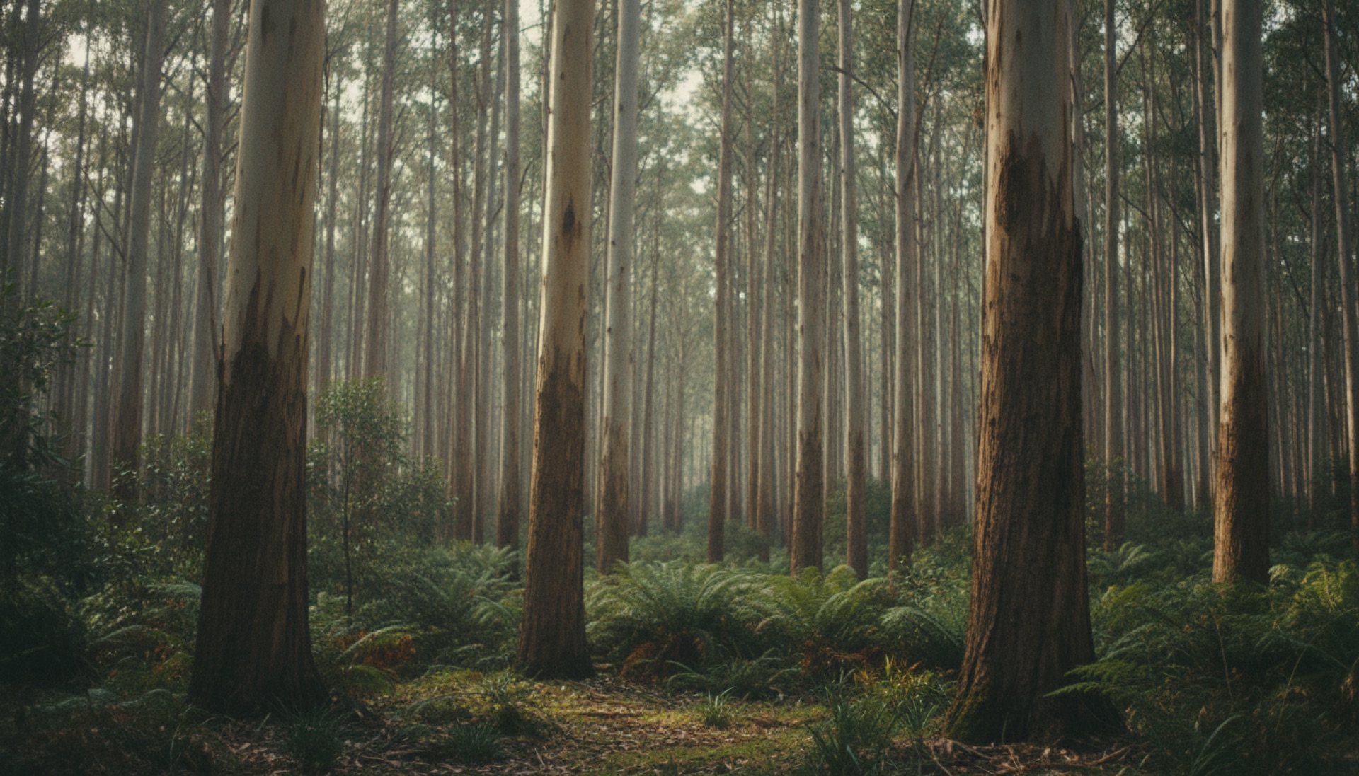 Ground-level view through a mature eucalyptus forest with tall pale trunks