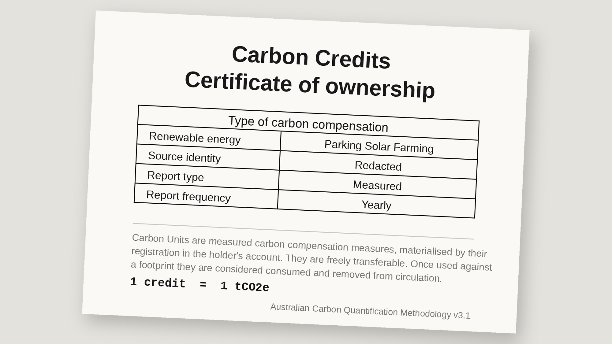 A Carbon Credits Certificate of ownership recording the Parking Solar Farming project, with the source identity redacted