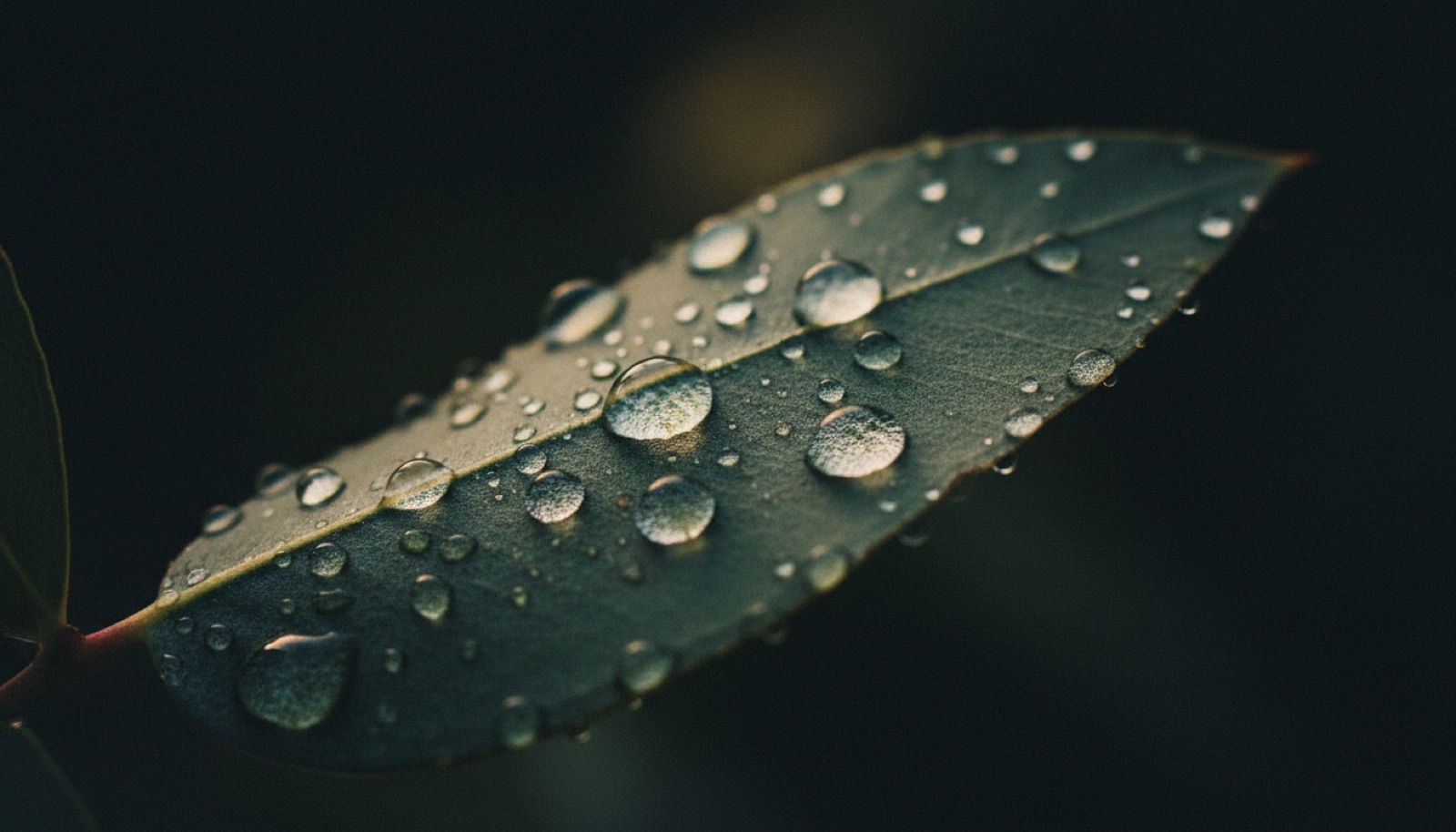 Morning dew on a dark eucalyptus leaf