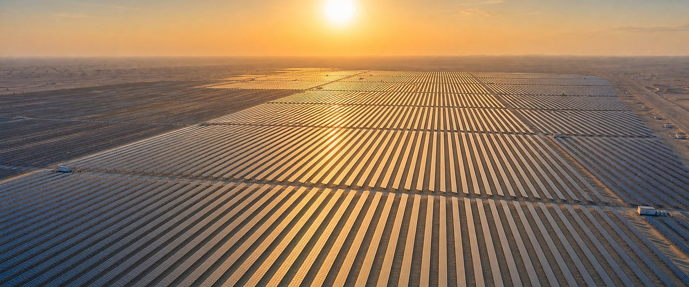 A utility-scale solar farm extending to the horizon