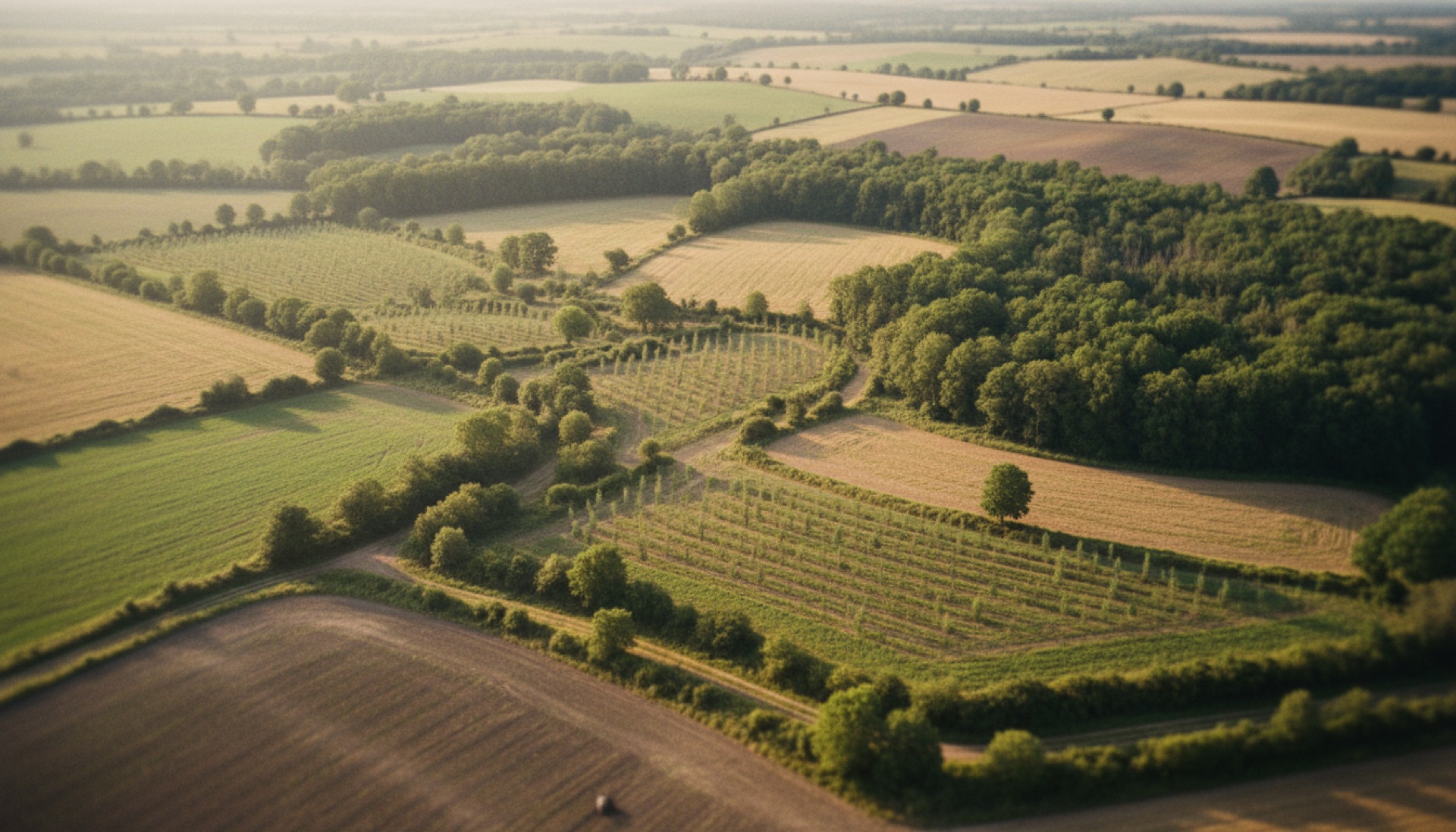 Aerial view of regenerating farmland — hedgerows and young tree plantations meeting woodland