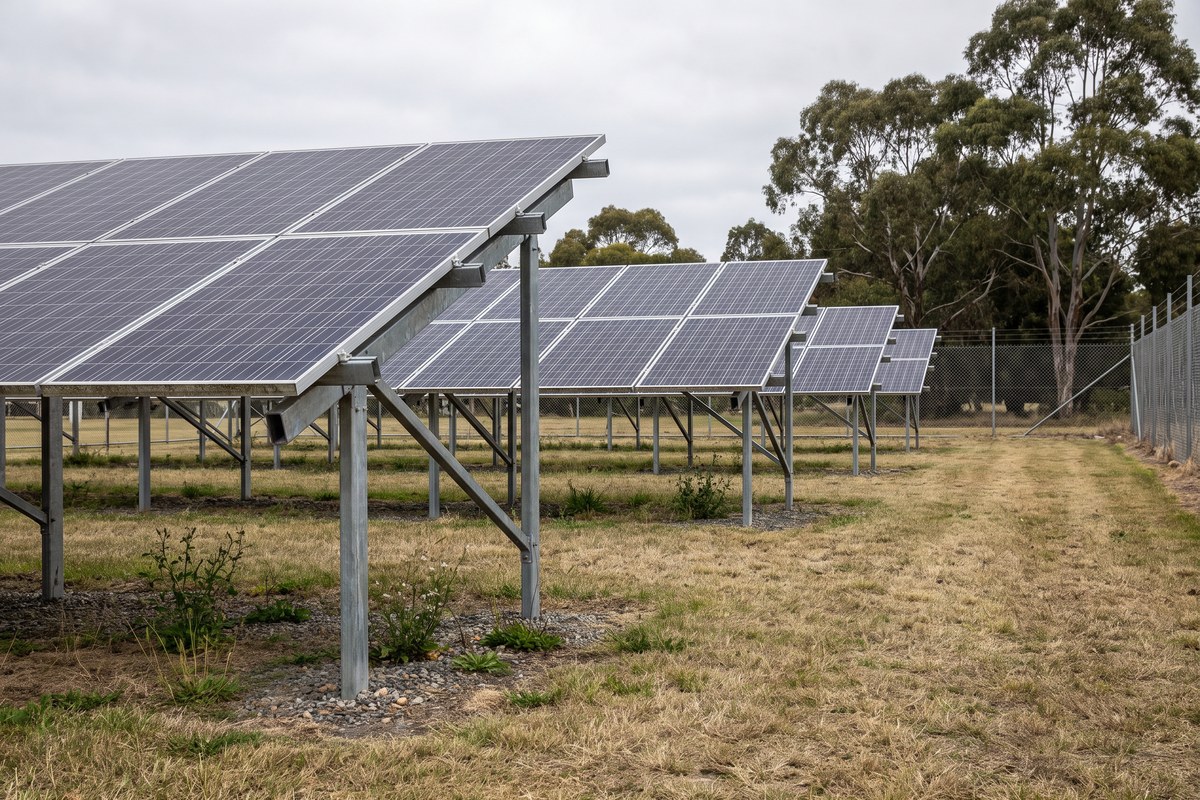 A ground-mounted solar array on cleared land
