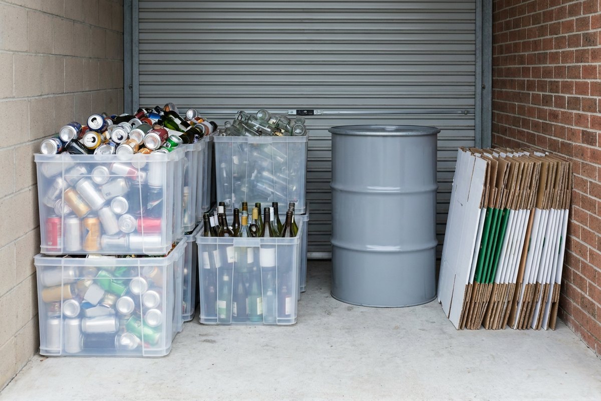 Crates of cans and bottles, a used cooking oil drum and flattened wax cartons in a club waste bay