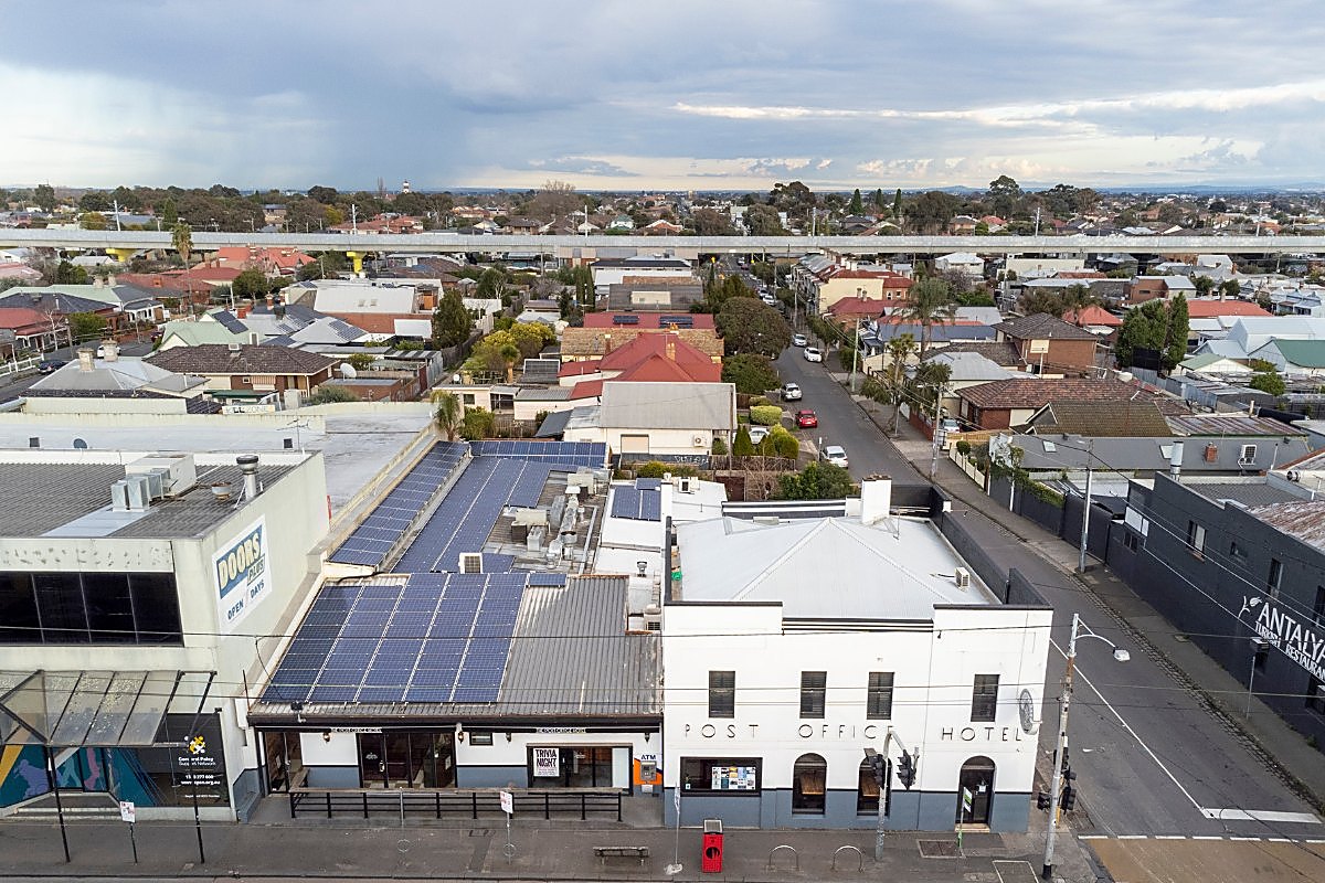 Rooftop solar across commercial buildings on an Australian high street