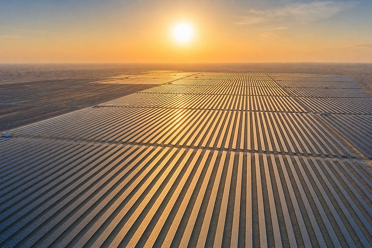 A utility-scale solar farm extending to the horizon