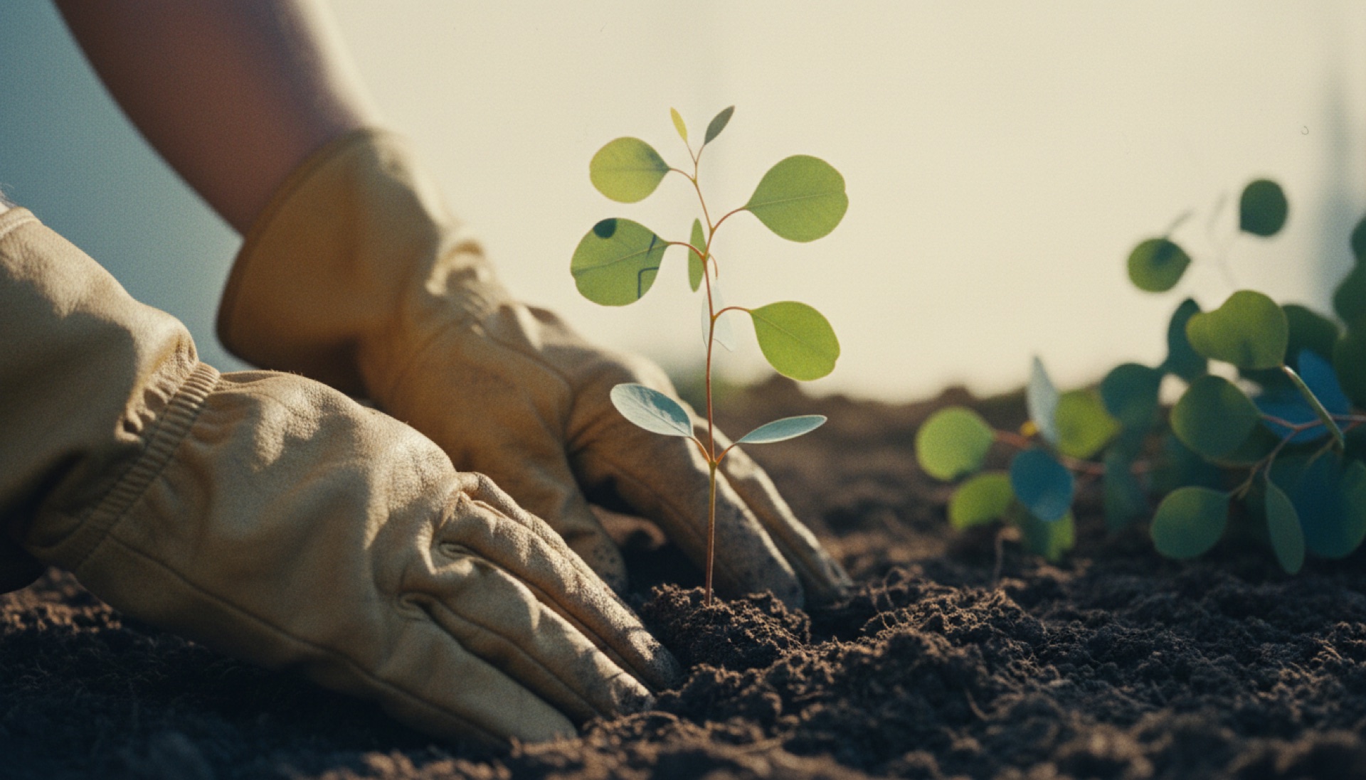 Gloved hands planting a eucalyptus seedling in dark soil